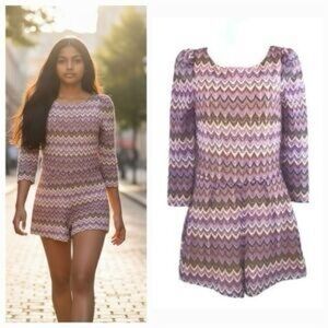 Ark & Co Size Large Purple Multicolor Chevron Knit Romper Back Zipper VNeck